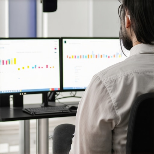 SEO analyst reviewing website technical data on dual monitors.