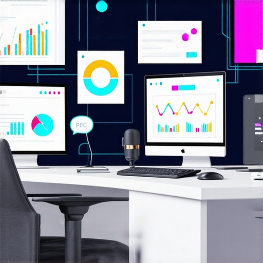 Innovative PPC Strategy Workspace Futuristic digital marketing workspace with AI tools and voice search interfaces