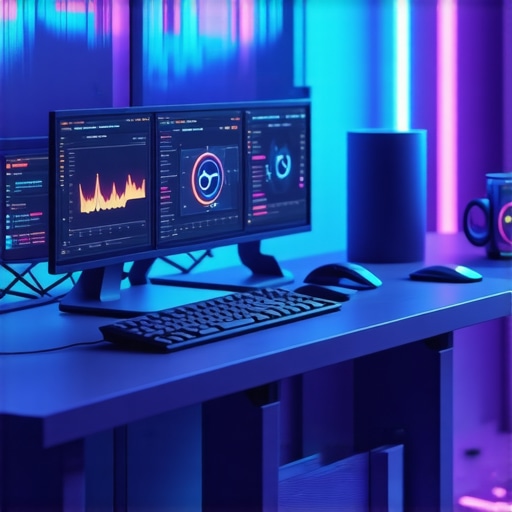 Innovative PPC Tech Workspace Futuristic digital marketing setup with AI and voice search tools