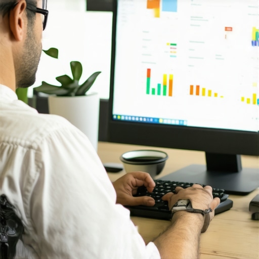 Web developer reviewing website SEO performance with charts and coding on a computer