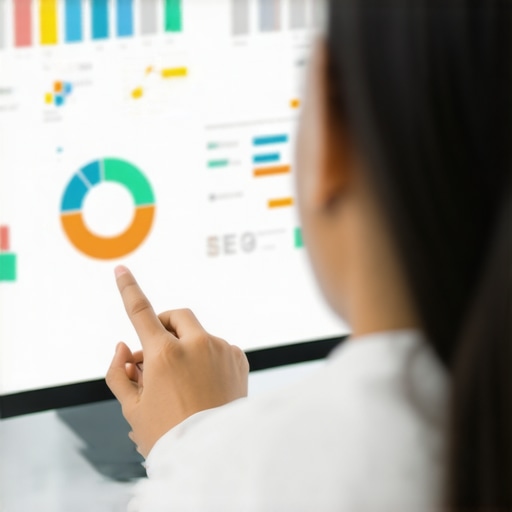 Data-Driven Trust Building in Digital Marketing Person analyzing website analytics with trust signals and SEO icons