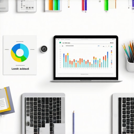 A workspace with laptops, analytics, and branding materials illustrating digital marketing strategies