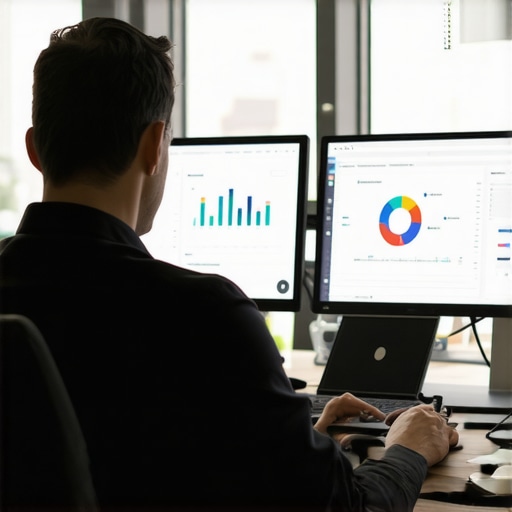 Digital marketer reviewing analytics and PPC data on screens in an office