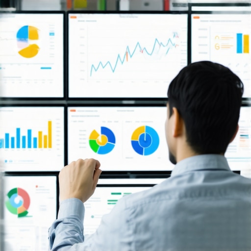 Person analyzing website data using multiple screens with charts and graphs.