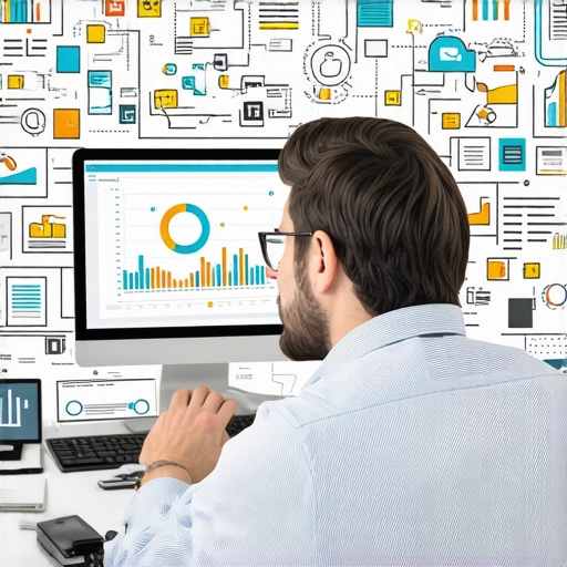 A person reviewing analytics charts on a screen with marketing icons