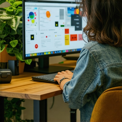 Web designer customizing website layout with branding elements in a modern office