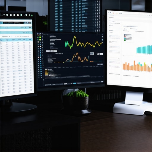 A workspace with SEO software and analytics dashboards on a computer monitor for website maintenance.