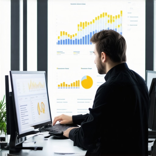 Person monitoring website analytics on dual screens for ongoing website maintenance.