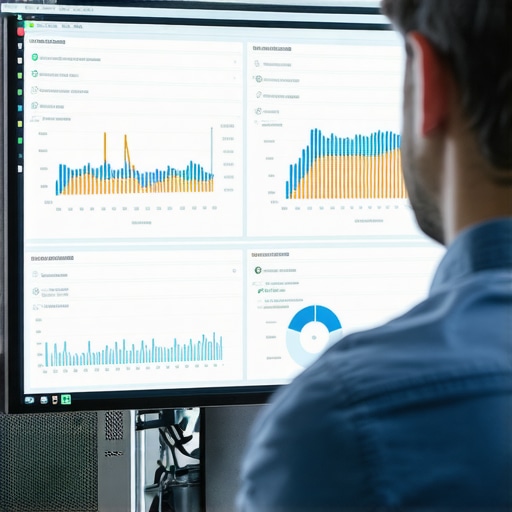 A person analyzing website performance metrics on dual monitors.