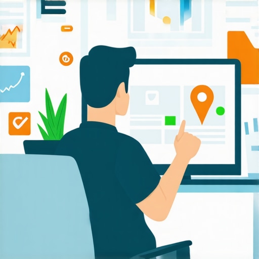 Analyzing Local SEO Data Business owner reviewing Google Maps local SEO performance on a laptop with charts and icons.