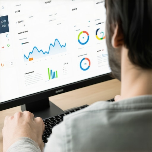 A digital marketing analyst reviewing PPC, SEO, and branding data on a monitor