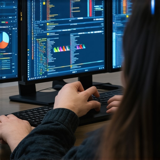 A person managing website analytics and development tools on multiple screens, illustrating website upkeep and technical management.