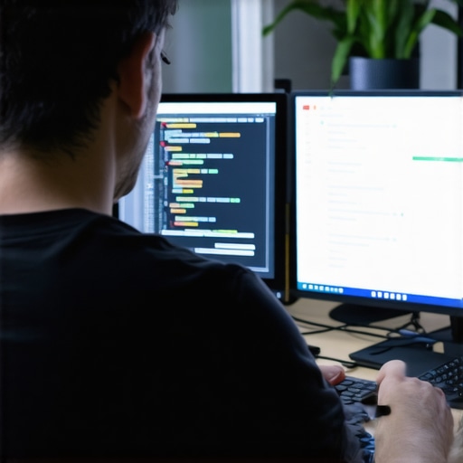 Webmaster working on maintaining website with SEO tools and code analysis.