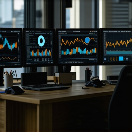 SEO and Website Maintenance Tools Overview A workspace setup with screens showing SEO analytics and website metrics