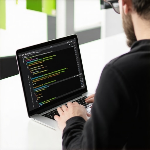 Developer analyzing website SEO metrics on a laptop in a modern office.