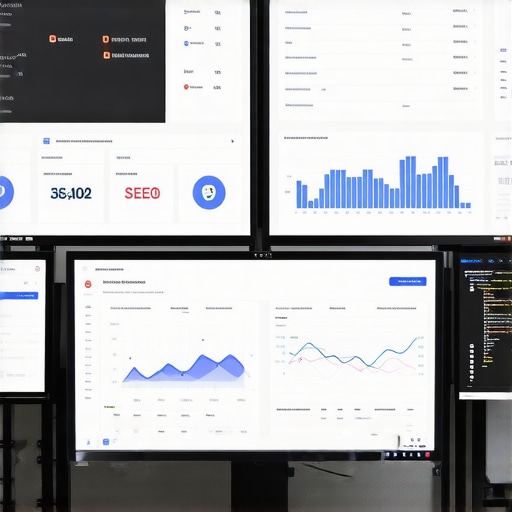 A comprehensive digital maintenance setup Monitor screens showing SEO analytics, code, and performance metrics.