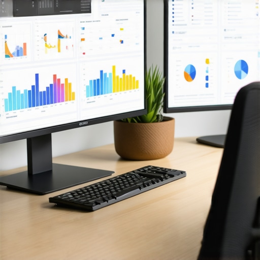 A modern office setup with screens showing analytics dashboards and digital marketing tools
