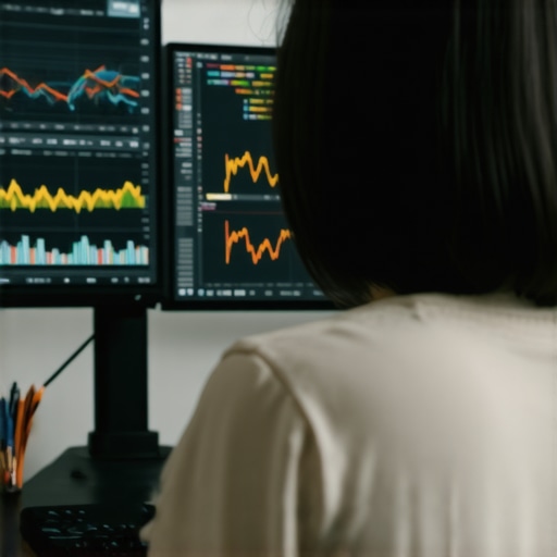 Person working on website analytics and technical SEO tools on dual monitors.