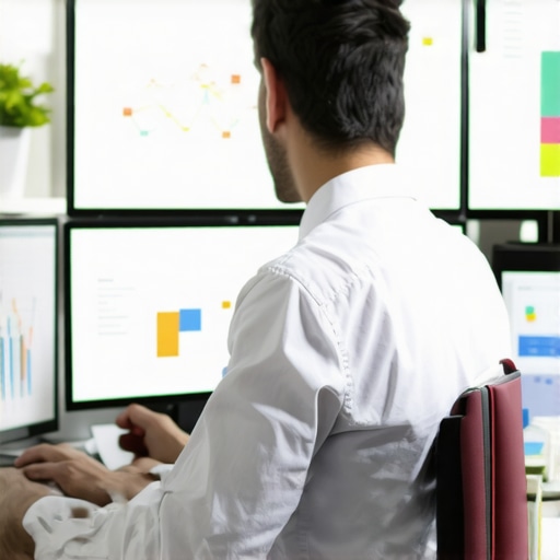 Digital marketer reviewing website analytics on multiple screens in a contemporary office environment.