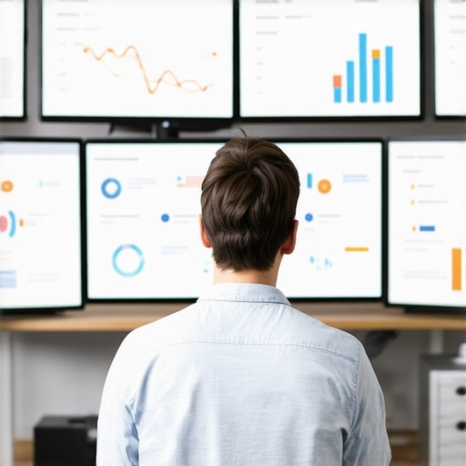 Person analyzing PPC and SEO dashboards on multiple monitors.