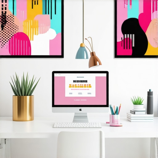 A modern workspace with branding and digital marketing elements on screens