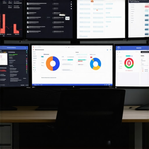 A workspace featuring screens with analytics, SEO, and project management tools for website upkeep.