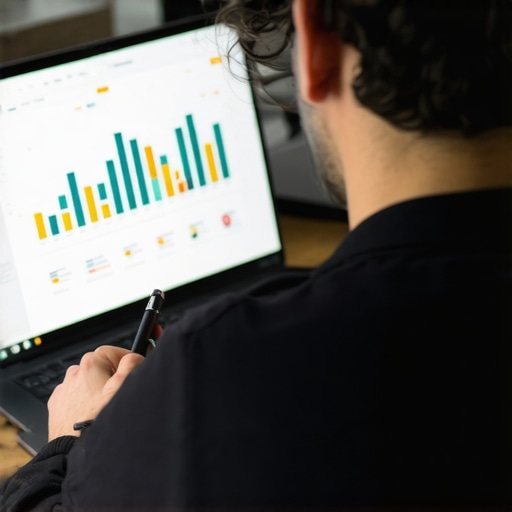 A person crafting ad copy on a laptop surrounded by marketing data.