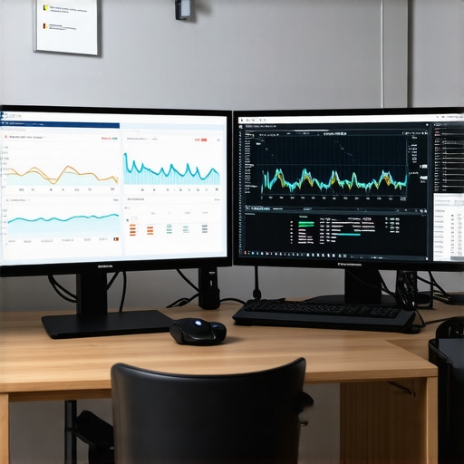 A person analyzing website and campaign data on multiple computer screens in a clean office environment.