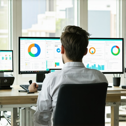 A person analyzing web analytics and campaign data on multiple screens.