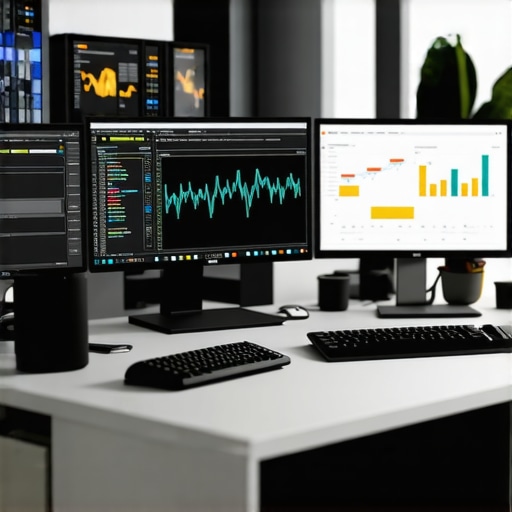 Workspace with screens showing analytics, coding, and design tools for online strategy management.