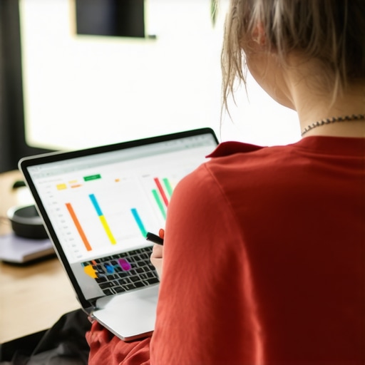 Person writing content with a friendly tone on a laptop, colorful branding elements around.