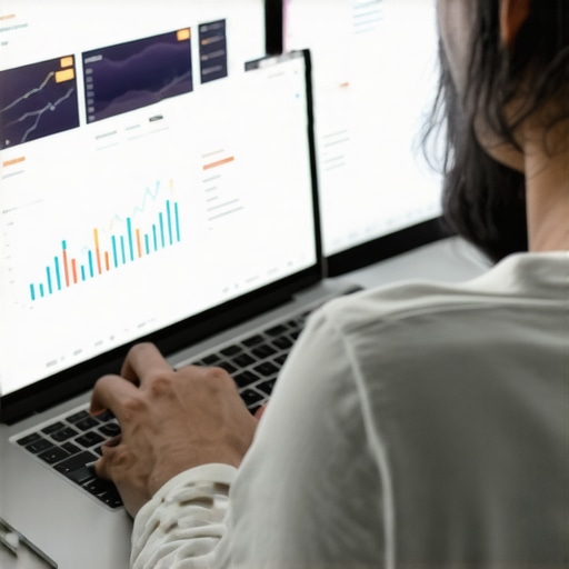 Optimized Web Maintenance Tools in Use Person analyzing website analytics on multiple screens, emphasizing SEO and website performance tools.
