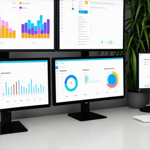 A workspace with monitors showing SEO analytics and website performance dashboards.