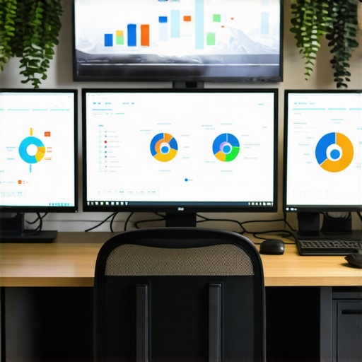 A workspace with screens showing SEO dashboards and website analytics.