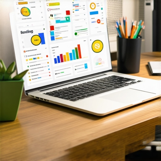 Desk setup with laptop showing analytics dashboards for website maintenance