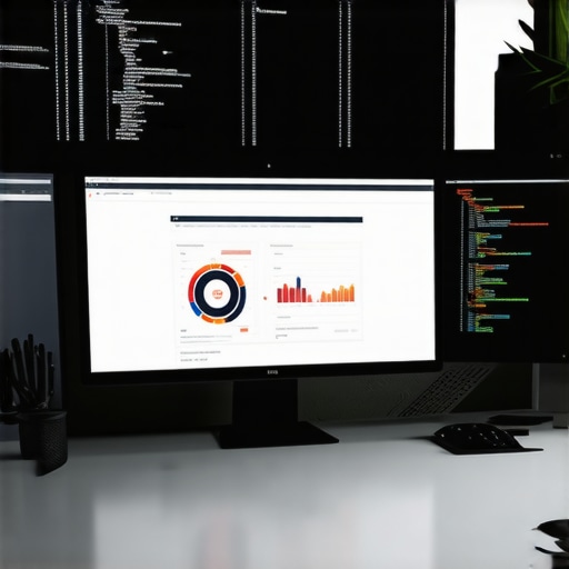 A workstation with monitors displaying website performance analytics and security tools.