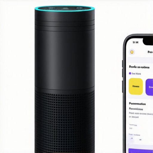 Person speaking to smart speaker with website on mobile device, representing voice search optimization.