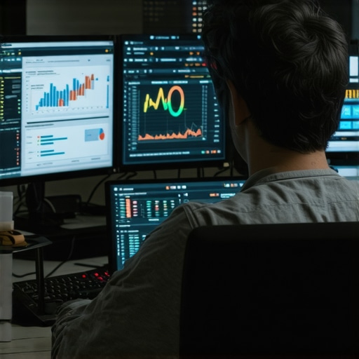 A developer reviewing multiple screens showing site analytics and optimization tools.