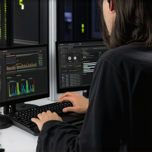 Web Developer Using Monitoring Tools A web developer reviewing server status and SEO analytics on multiple screens in an office.