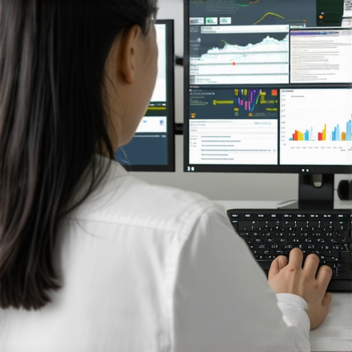 A technician analyzing website metrics using multiple screens with analytics dashboards.