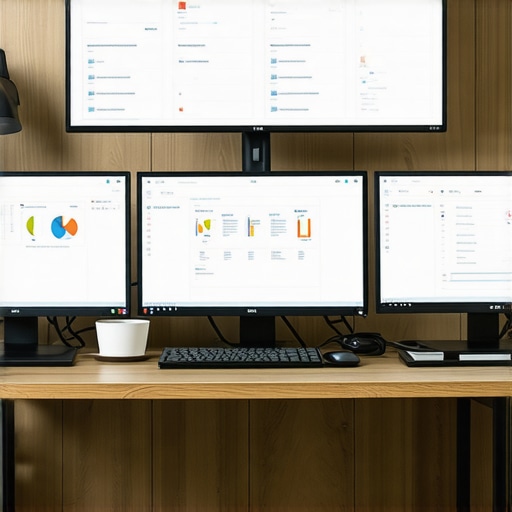 Web maintenance workspace with analytics and SEO tools A modern workspace with monitors displaying website performance dashboards and coding environments.