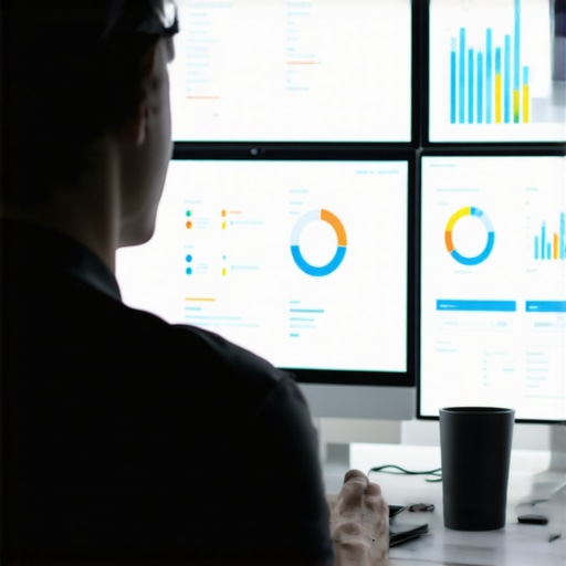 An individual reviewing digital marketing dashboards with various SEO metrics on multiple monitors.