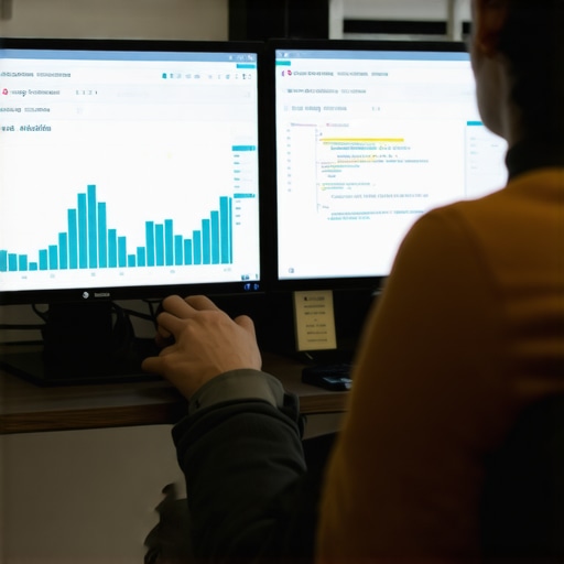 A person analyzing website performance metrics and code on multiple monitors.