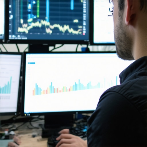 Technician reviewing website performance analytics on several monitors
