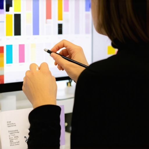 Design professional reviewing color schemes on a monitor with branding samples.