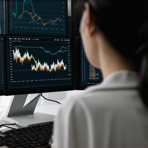 A digital marketing professional studying keyword reports and data charts on a monitor.