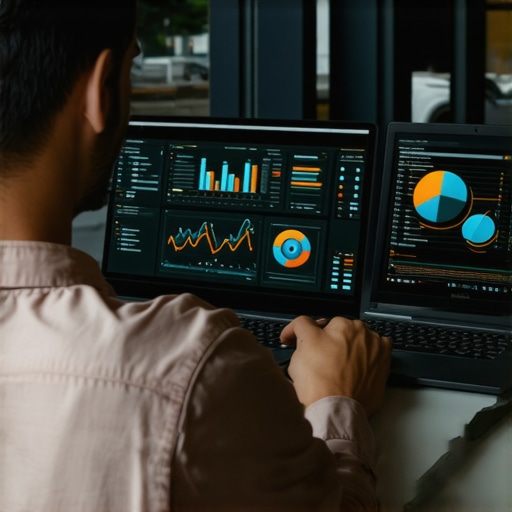 Business owner reviewing website analytics and SEO metrics on laptop