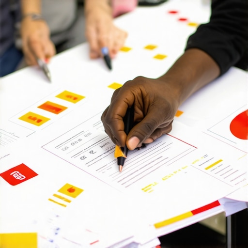 A team discussing brand voice and style guides around a table.