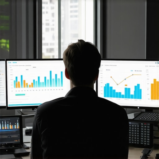 Business professional analyzing digital marketing analytics on multiple screens