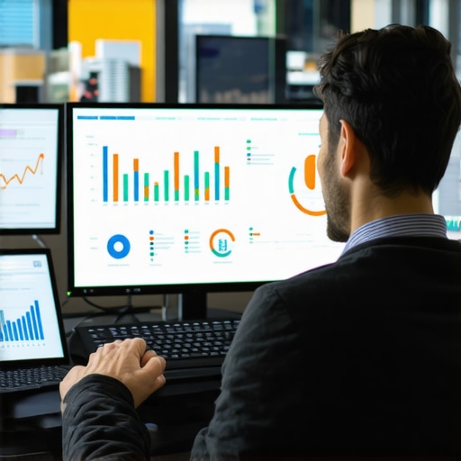 Marketing analyst reviewing SEO and PPC performance metrics on multiple screens